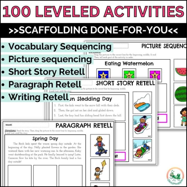 100 leveled story retell sequencing activities for winter, spring, summer, fall and back to school