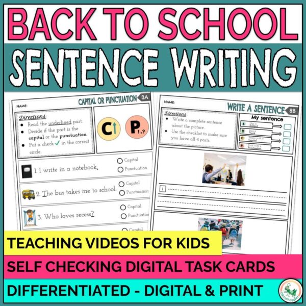 Differentiated Back to School Sentence Writing activities and self correcting digital task cards
