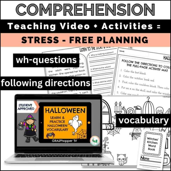 This Halloween language activity targets comprehension, wh questions, following directions, vocabulary and is paired with a teaching video