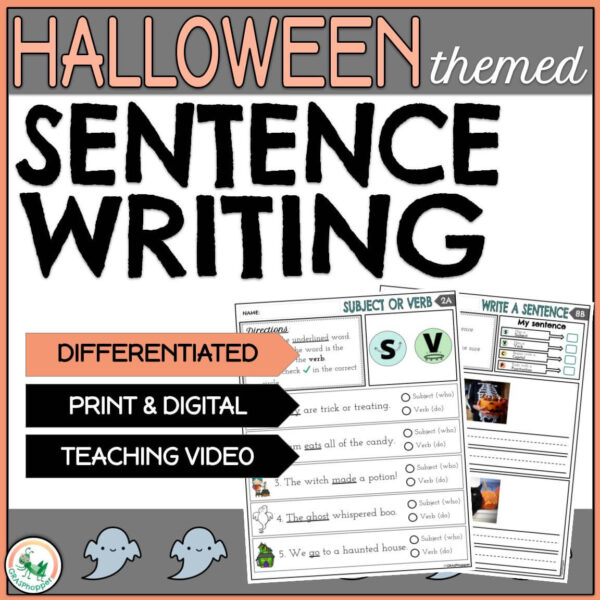 Differentiated Halloween Sentence Writing activities and self correcting digital task cards