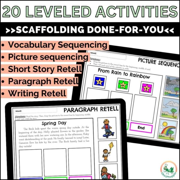 20 leveled spring story retell activities are included in this resource. From vocabulary sequencing, picture sequencing, short story retell, paragraph retell to writing retell