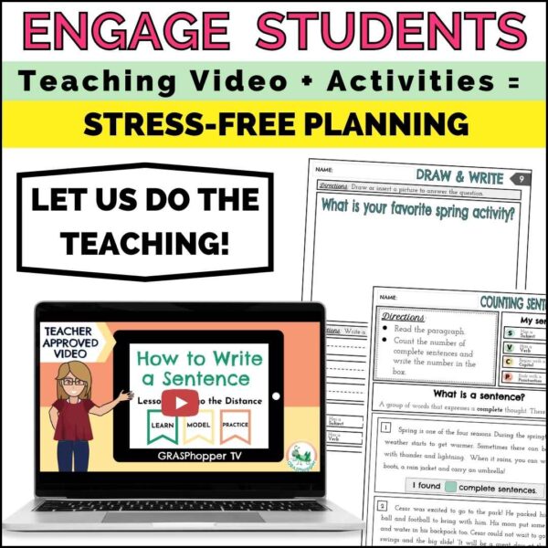 Engage students with our teaching video lesson on how to write a sentence. This allows for stress free planning with paired spring activities. Let us do the teaching!