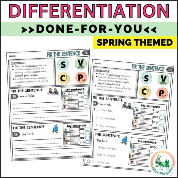 Spring sentence writing activities are differentiated with multiple choice and open response options