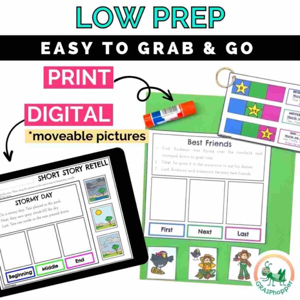 These Story Retell activities are low prep making it easy to grab on the go with the print and digital options