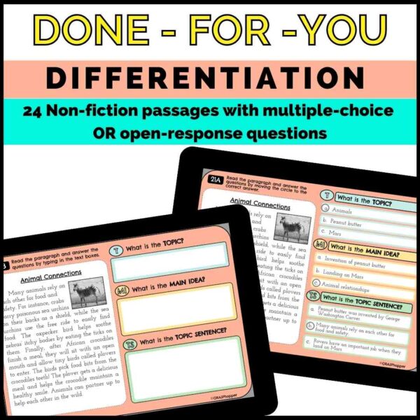 The topic sentence task cards activity is differentiated with 24 non fiction passages with multiple choice or open response questions