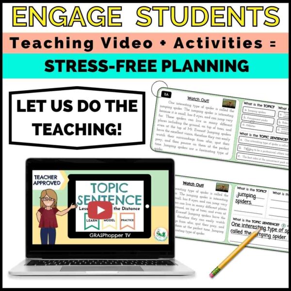 This topic sentence task card activity has a teaching video for kids to make your planning stress free