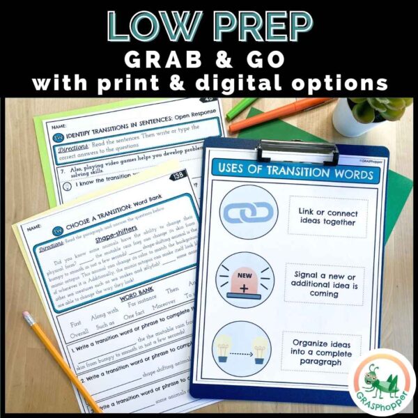 This transition words resource is low prep making it easy to grab on the go with the print and digital options