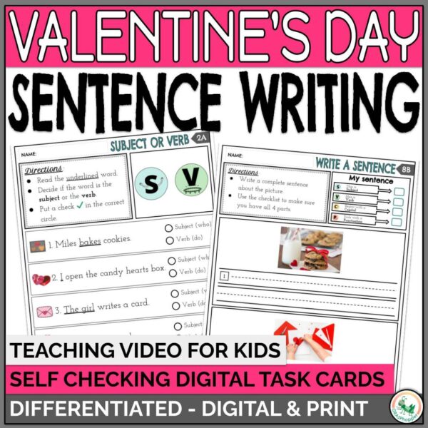 Differentiated Valentine's Day Sentence Writing activities and self correcting digital task cards