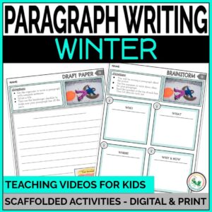 Winter writing prompts and paragraph writing activities with a teaching video for kids!